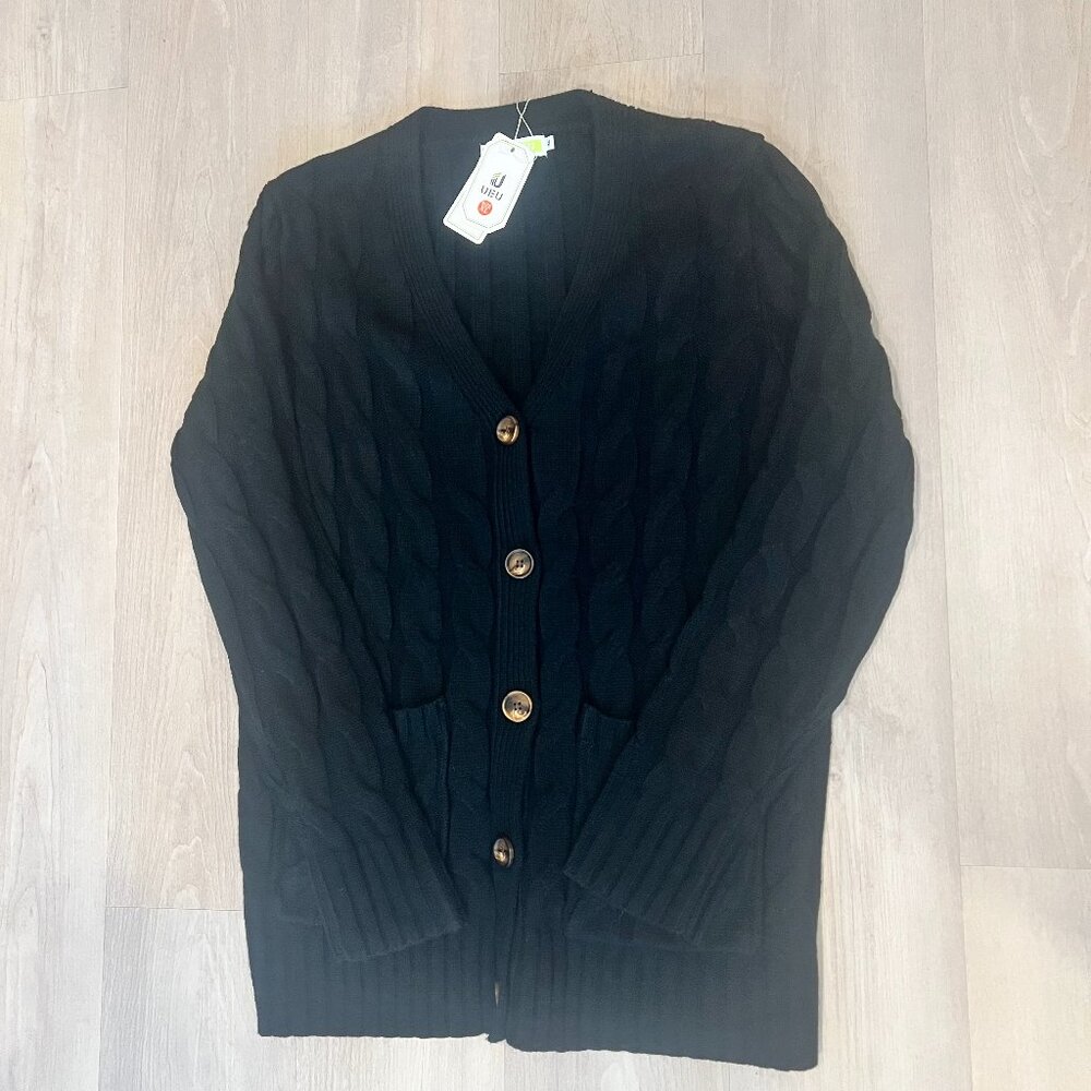 NWT UEU Womens Black Cable Knit Cardigan W/Pockets Sz XL Cozy Chunky Coastal